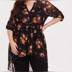 Torrid Size 2 Lexie Tunic Sheer Black Floral Dress Top Button Up